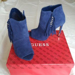 NIB - Guess Royal Blue Suede High Heel Ankle Boot Shoes with Open Toe - 6.5M